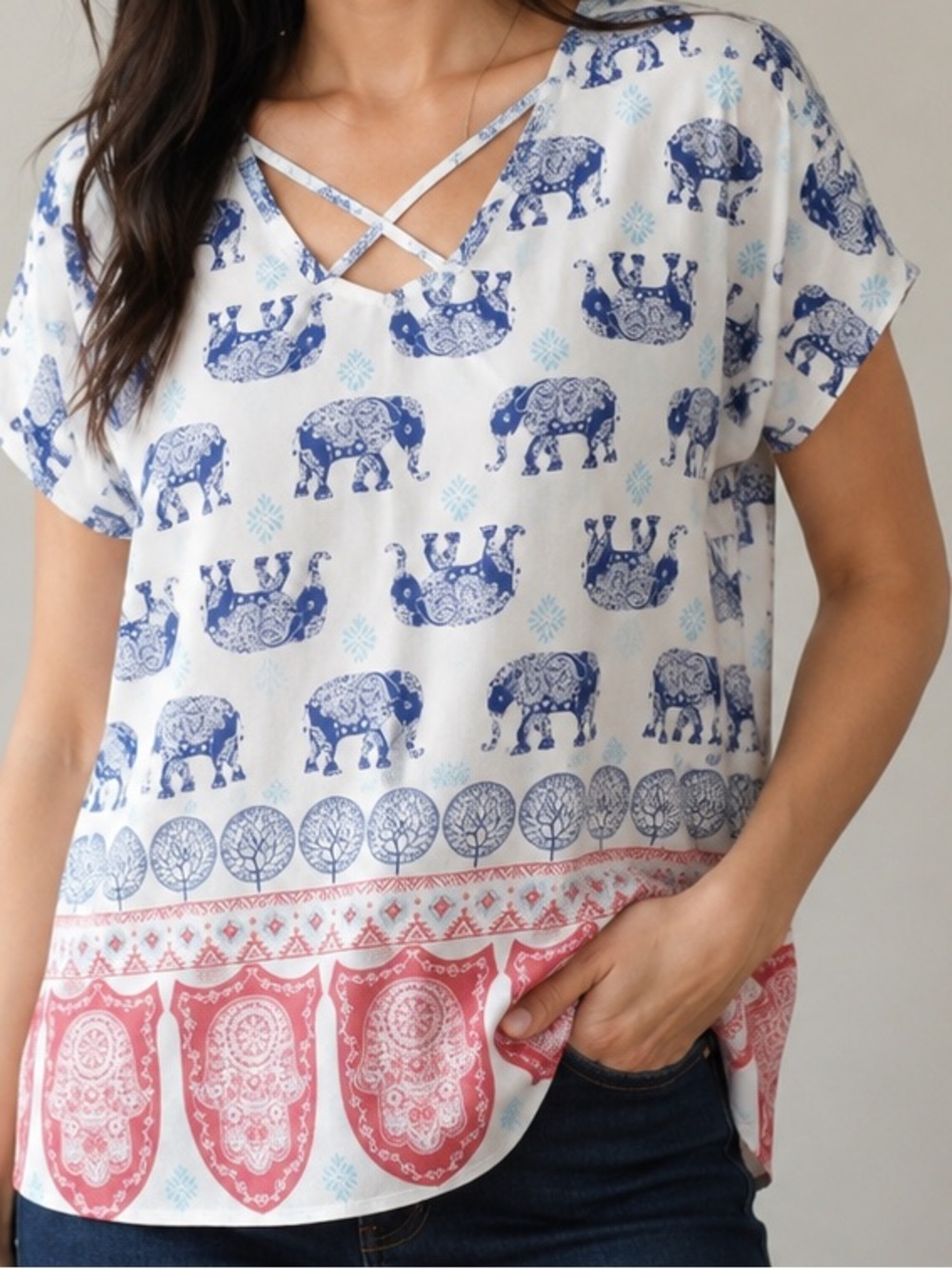 Renee C. Elephant Print Short Sleeve Top